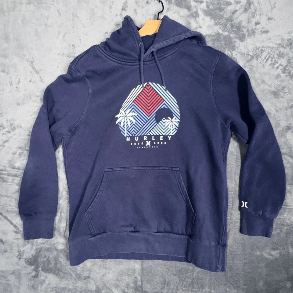 Hurley Men Pullover Hoodie Sweatshirt L Navy Blue Graphic Logo Surf Skate Casual